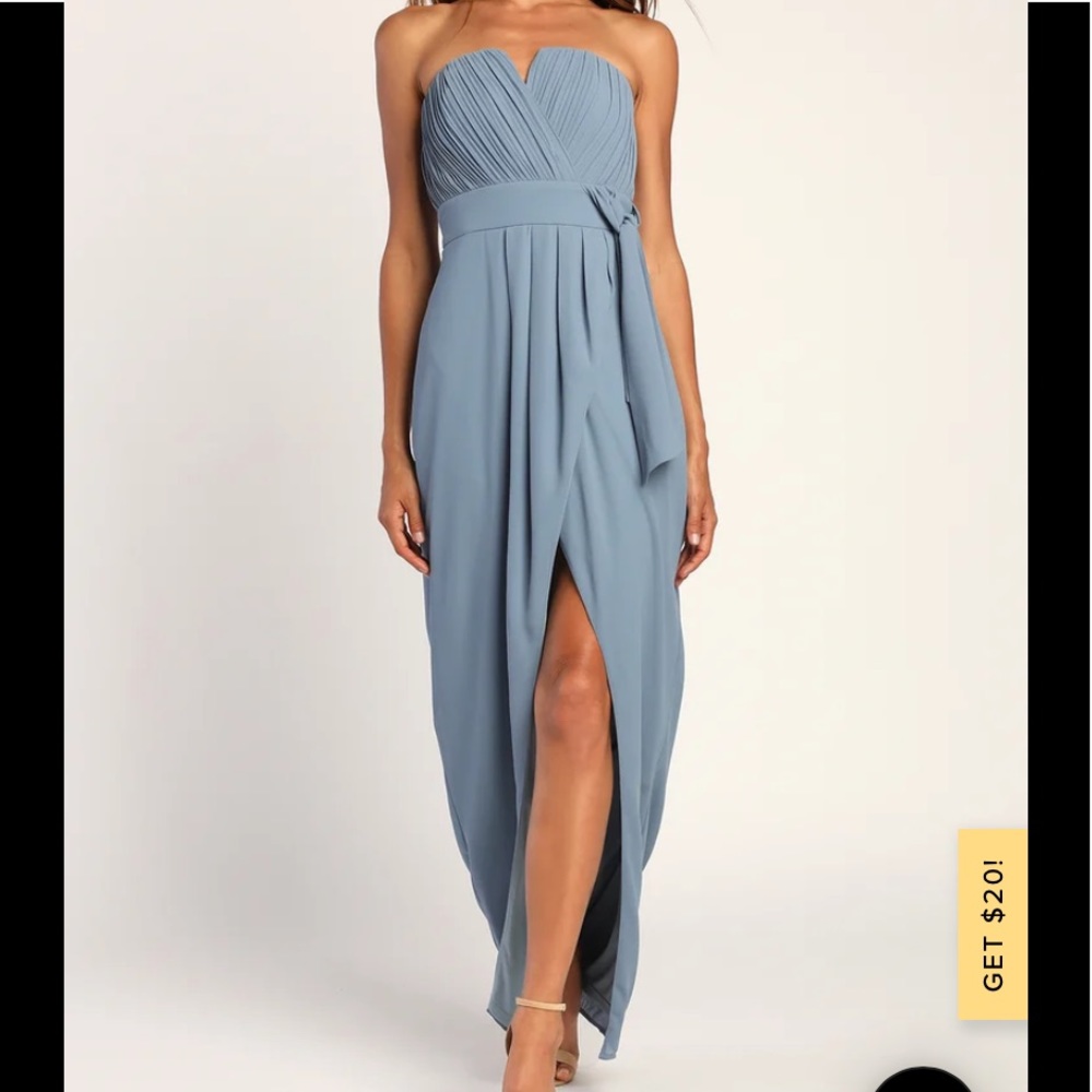 Easy Elegance Dusty Blue Pleated Strapless Maxi Dress
